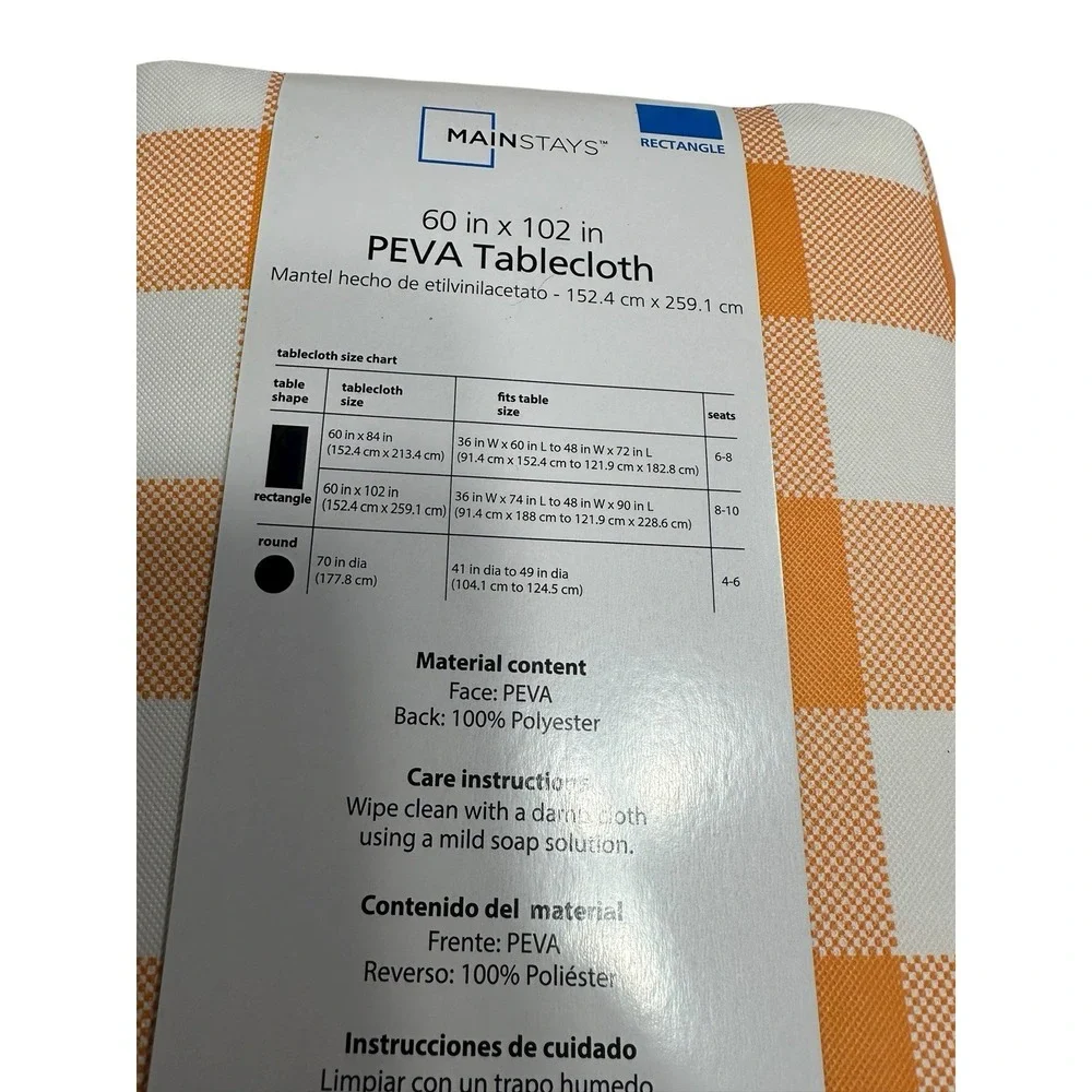 MAINSTAYS peva‎ tablecloth reusable 60X102 inches rectangle orange plaid